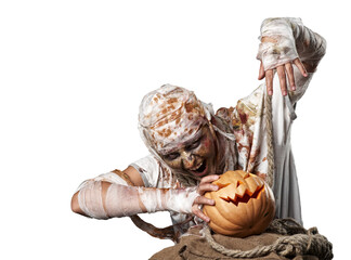 Mummy with Pumpkin on Transparent Background