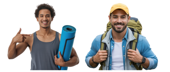 Man pointing at yoga mat and man with backpack smiling isolated on white transparent background png jpg business people clipping path cutout 2025 2026 4k full hd poster banner label download