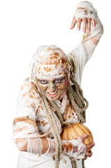 Zombie with Pumpkin in Bandages on Transparent Background