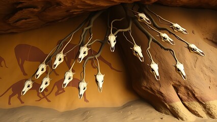 Evolutionary tree with twelve branches ending in anteater skulls against cave art.
