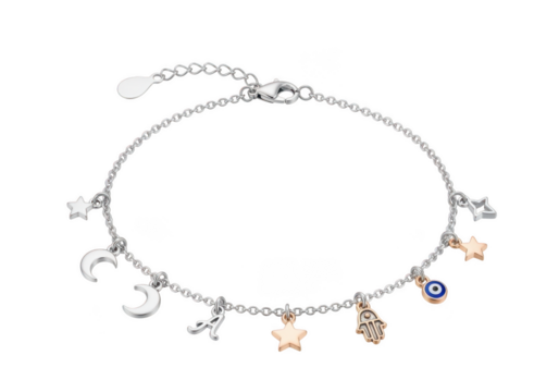 Silver charm bracelet with celestial and evil eye motifs isolated on transparent background