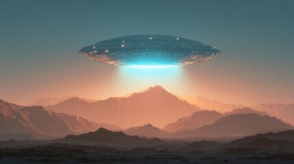 A sleek, metallic disc-shaped spacecraft hovers above a desolate, mountainous landscape at sunset, emitting a bright, ethereal glow from its underside