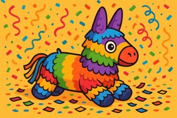 Fototapeta premium Cartoon birthday piñata laid on the ground with colorful confetti and festive backdrop