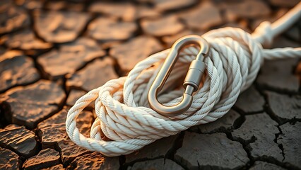 A coiled white rescue rope draped over cracked earth, highlighted by golden-hour light for a resilient theme.