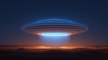 A futuristic, saucer-shaped spacecraft hovers above a desert landscape at night, emitting a bright blue light from its underside