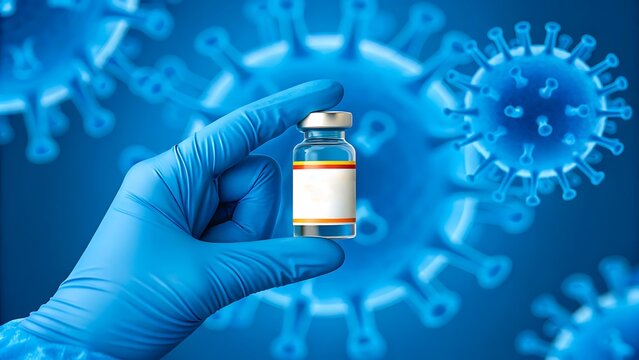 Hand in medical glove holding vaccine vial with virus cells in blue background
- Powered by Adobe