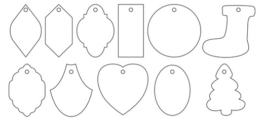 Collection of blank gift tag outlines in different shapes including circle, oval, heart, Christmas tree etc. labels. Vector template for printable tags, holiday crafts, scrapbooking, and packaging