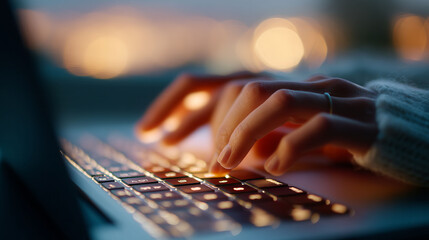 A person is typing on a laptop with their hand on the keyboard. Concept of focus and concentration as the person works on their computer. The bright light from the laptop screen illuminates the scene