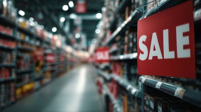A store aisle with a sign that says Sale. The store is empty and the aisles are full of shelves
