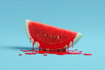 Melted watermelon slice on a vibrant blue background