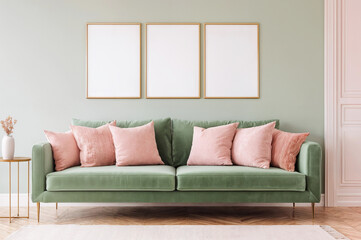 Blank frames set of 3 for wall art mockup above a modern sage green sofa with blush pink pillows in a minimalist living room setting