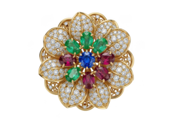 Exquisite floral gemstone ring with diamonds isolated on transparent background