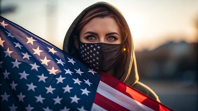 Woman wearing protective face mask holding american flag outdoors symbolizing patriotism freedom and social awareness
 - Powered by Adobe