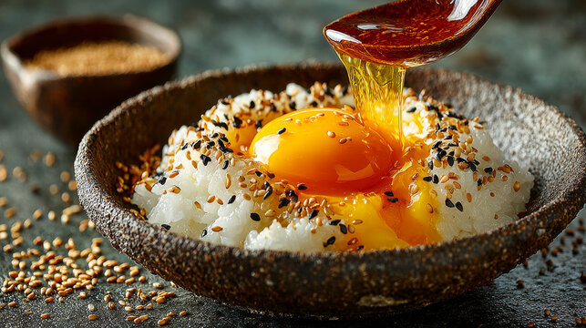 Bowl of Japanese tamago kake gohan with raw egg yolk on rice, drizzled with soy sauce and sprinkled with sesame seeds, creating visually appealing and delicious dish