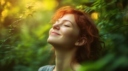 Fototapeta premium natural beautiful 30yo woman in deep forest, photo, happy mood 