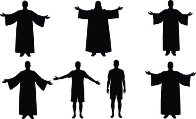 Silhouette people set, robes and casual clothing, arms extended, black vector, human figures, fashion, gesture, flat design, illustration, outline