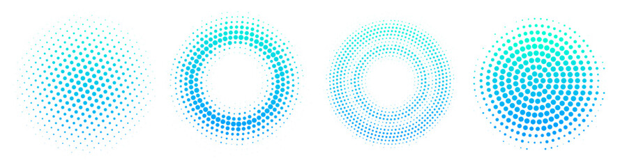 Dotted blue gradient halftone effect spots set. Isolated vector dotted circles technology design elements