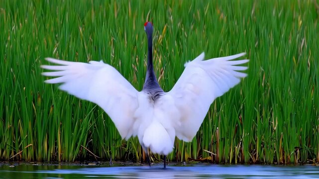 Red-crowned Crane with Spread Wings by Water