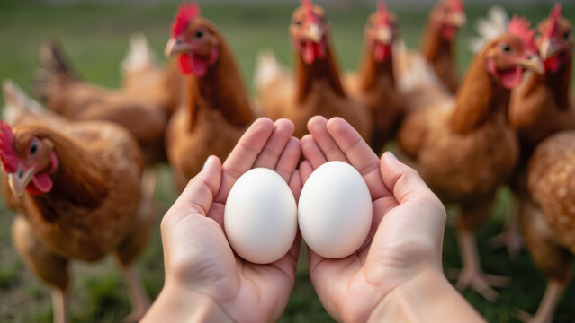 Hands holding two white eggs in front of group of brown chickens, showcasing farm setting with focus on poultry and egg production