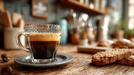Glass cup of espresso with rich crema sits on saucer, accompanied by biscotti on rustic wooden table in cozy cafe setting. background is softly blurred