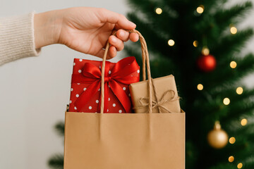Festive gift exchange with holiday decorated christmas tree in background