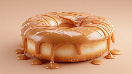 A glazed donut with caramel icing, showcasing drips and a light brown background