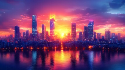 Fototapeta premium Vibrant cityscape with skyscrapers reflecting in the water at sunset