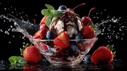 A delectable dessert of vanilla ice cream, drizzled with chocolate sauce