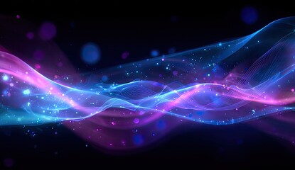Abstract swirling ribbons of vibrant, glowing, translucent, iridescent colors, like violet, purple, blue, and pink, on a deep black background with subtle, glittering particles