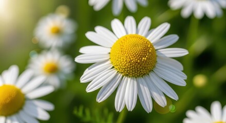 Fototapeta premium White Daisy Flower with Yellow Center in Green Garden