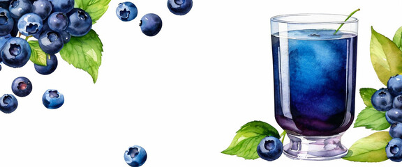 Refreshing blueberry drink in watercolor. A glass filled with blue fruit juice. Watercolor painting of a berry beverage. Vibrant drink with blueberry garnish illustration. blank copyspace for text. 