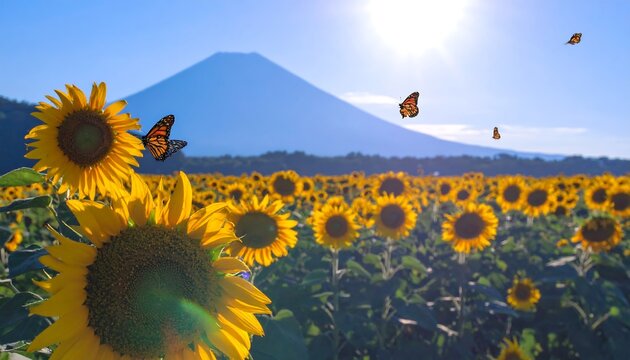 A vibrant field of sunflowers bursts with life, showcasing monarch butterflies against a backdrop of a serene mountain range.