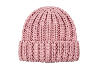 Pink ribbed knit beanie hat isolated on transparent background