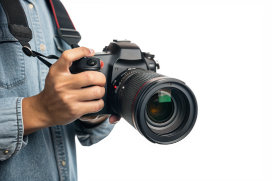 Photographer holding dslr camera in hand.