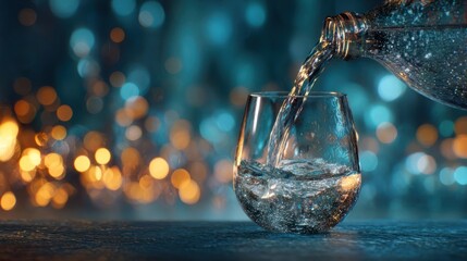 Sparkling water pours from a bottle into a clear glass on a dark surface with a bokeh background of warm and cool colored lights