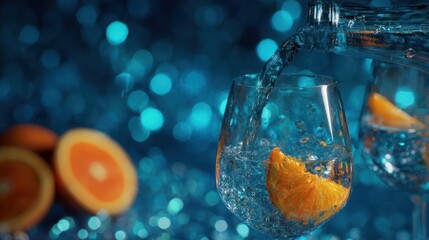 Water being poured into a glass with orange slice, creating a sparkling, blue bokeh background