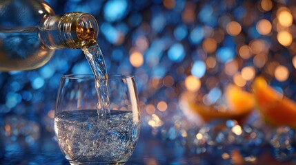 Clear liquid pours from a bottle into a glass against a bokeh background of blue and orange lights, with an out-of-focus citrus slice in the lower right