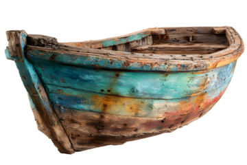 Vintage wooden boat with a rustic charm, isolated on a white background.
