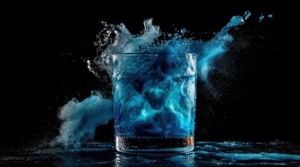 A close-up shot captures a glass filled with a vibrant blue liquid