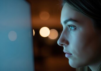 Young Woman with Focused Expression Using Computer at Night in Dimly Lit Environment