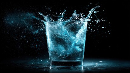 A glass of liquid, possibly water, is shown with a dramatic splash frozen in time.