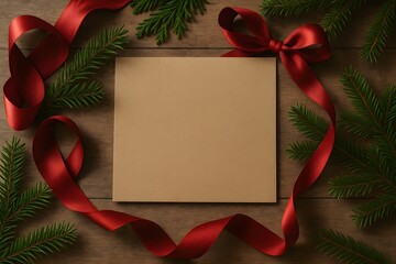 Festive card with ribbon and evergreens on wood for a holiday greeting. A blank card provides space for a personalized message.