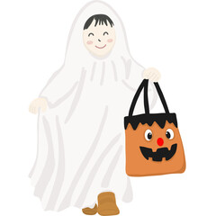 Cute illustration of a child dressed as a ghost for Halloween, holding a pumpkin themed trick or treat bag. Perfect for holiday decorations, children’s designs, and spooky festive artwork.

