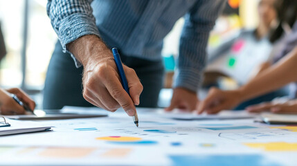 Inclusive planning workshop, close-up of consultant gesturing with marker, strategic diagram visible