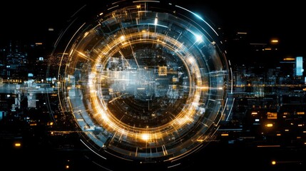 Complex technological visualization with glowing elements and cityscape backdrop