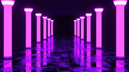 Illuminated pillars in a tunnel create a vibrant and futuristic perspective effect