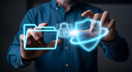 Protecting digital data with shield and lock icons representing cybersecurity and secure access