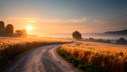 Scenic country road winding through a golden wheat field at misty sunrise with warm, beautiful morning light and fog. Picturesque rural landscape background with a path leading to the horizon.
