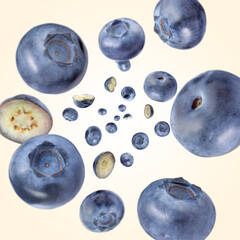 Fresh blueberries swirling in air against beige background