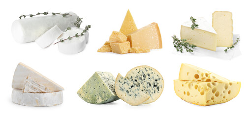 Variety of cheeses isolated on white, set
